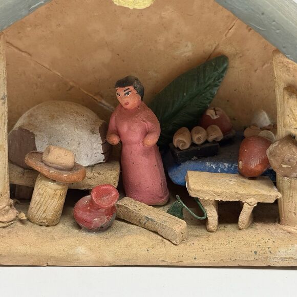 Vintage Handmade Clay Pottery Terra Cotta Folk Art Diorama Hut Kitchen Scene - Picture 2 of 10